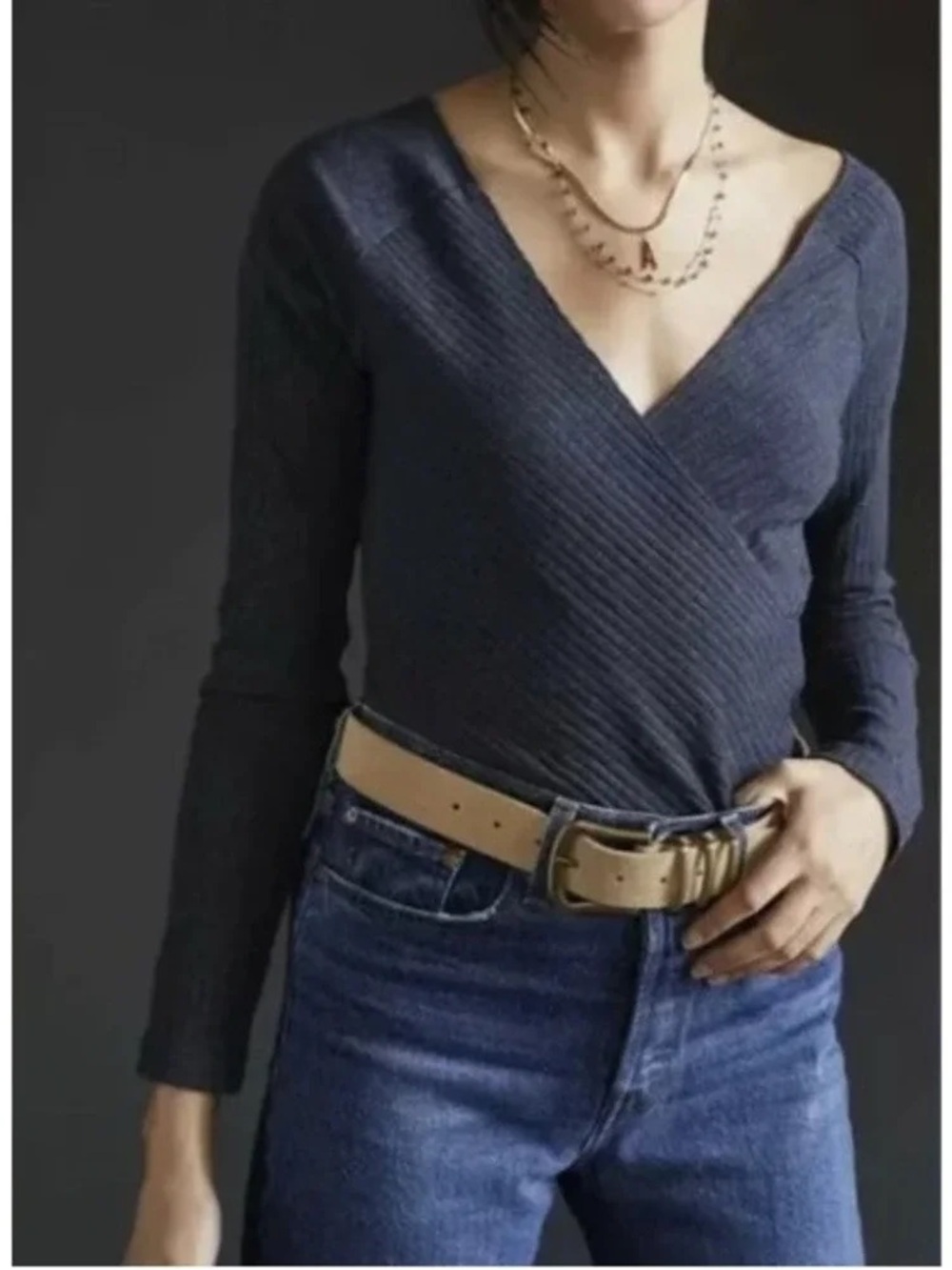 Maeve Ribbed Wrap V-Neck Long Sleeve Top in Charcoal, size M
